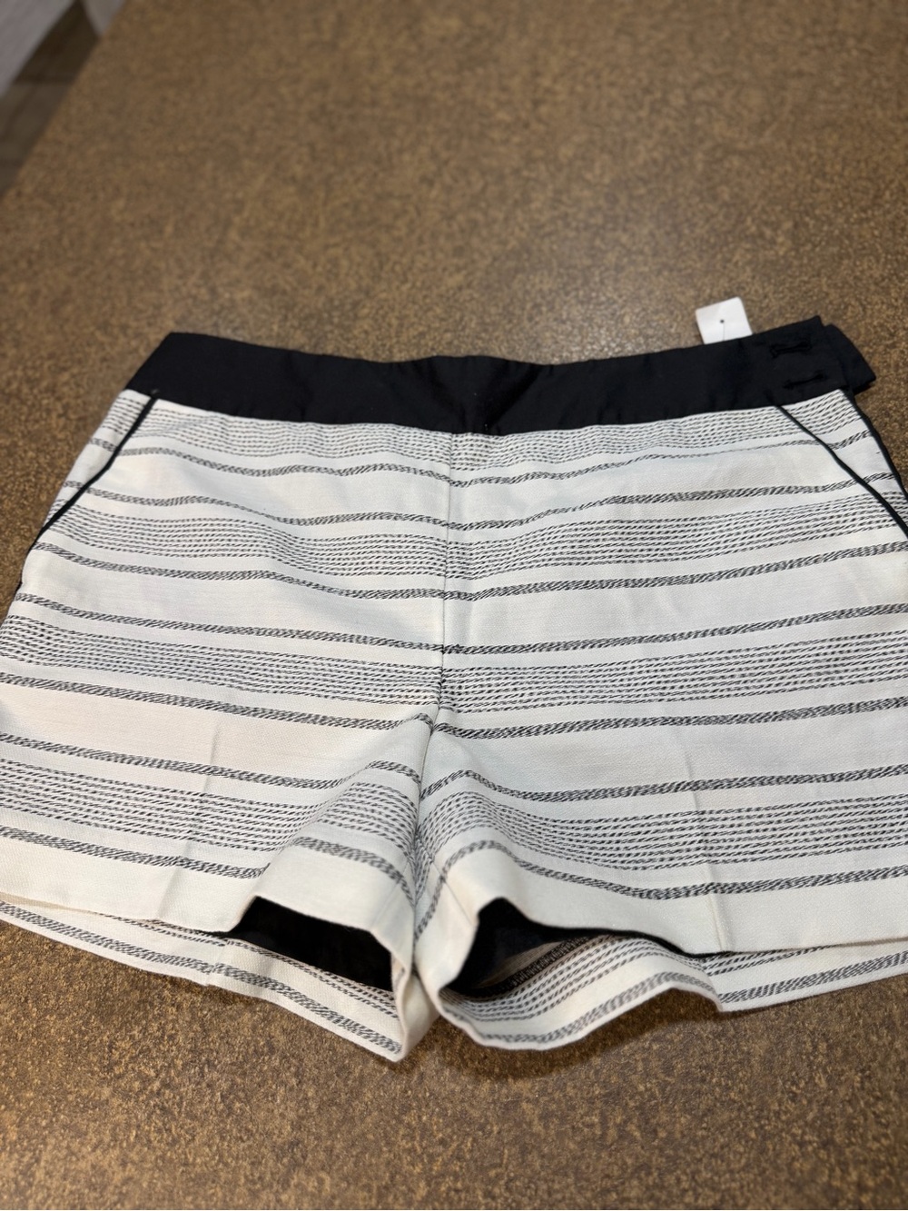 LOFT Cream & Black Striped High-Waist Shorts with Black Waistband